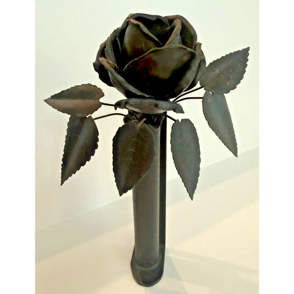 Hand Forged Black Iron Rose & Vase -Memorial Wall Sconce Metal Sculpture Vintage